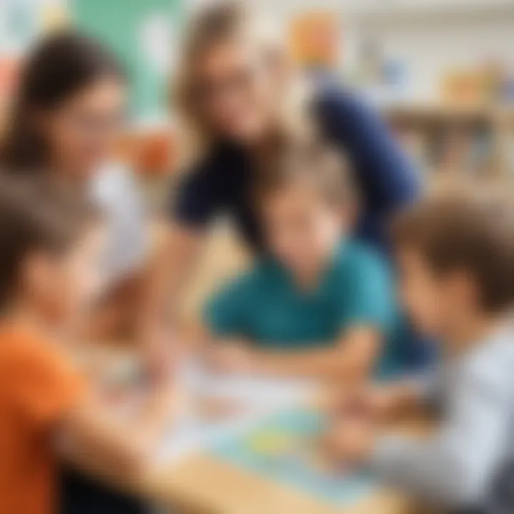 Teacher assisting students in creating their personal posters