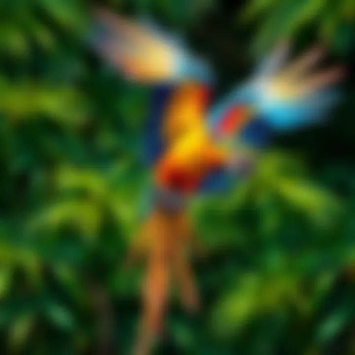 A colorful macaw in flight, displaying its wingspan against the lush greenery