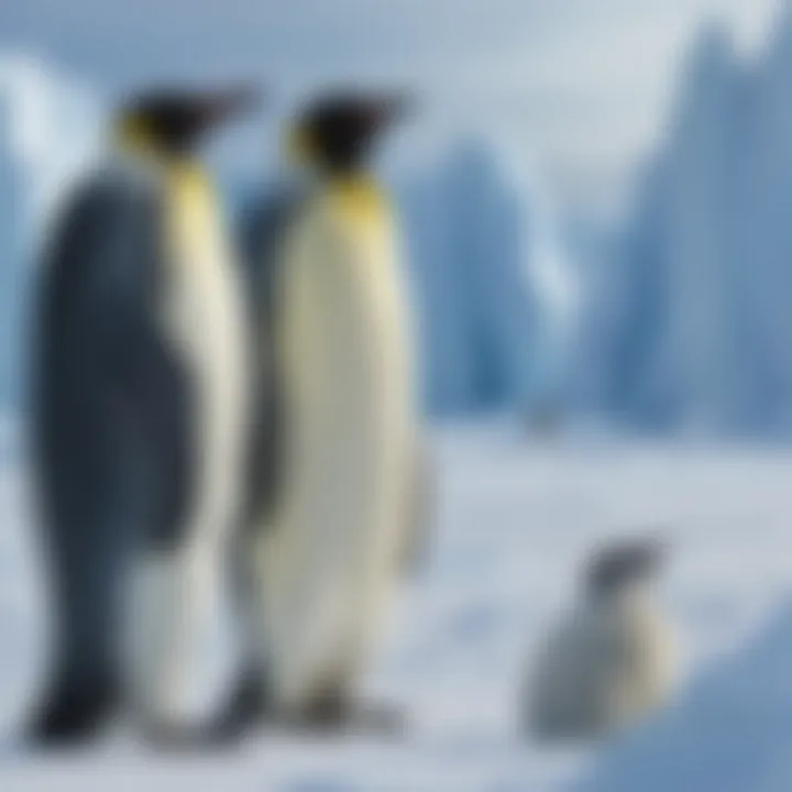 Antarctic emperor penguins against icy backdrop