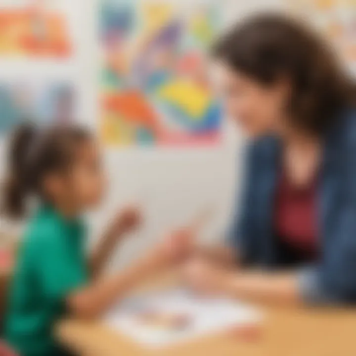 Teacher assessing children's artwork with feedback