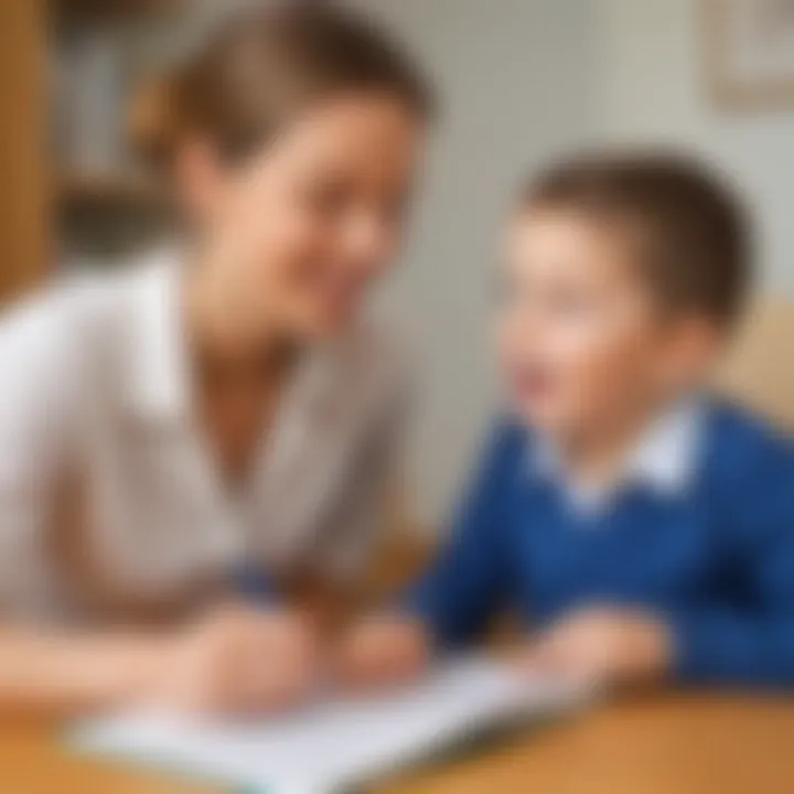 Illustration of a child engaged in speech therapy with an audiologist