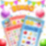 Colorful bingo cards with playful designs for children's party
