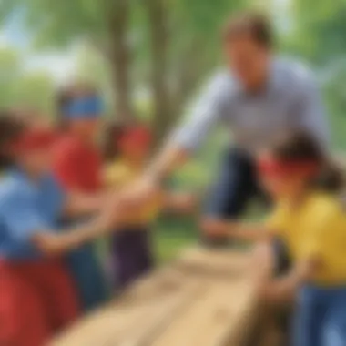 An educator guiding children in a blindfolded obstacle course, emphasizing leadership skills.