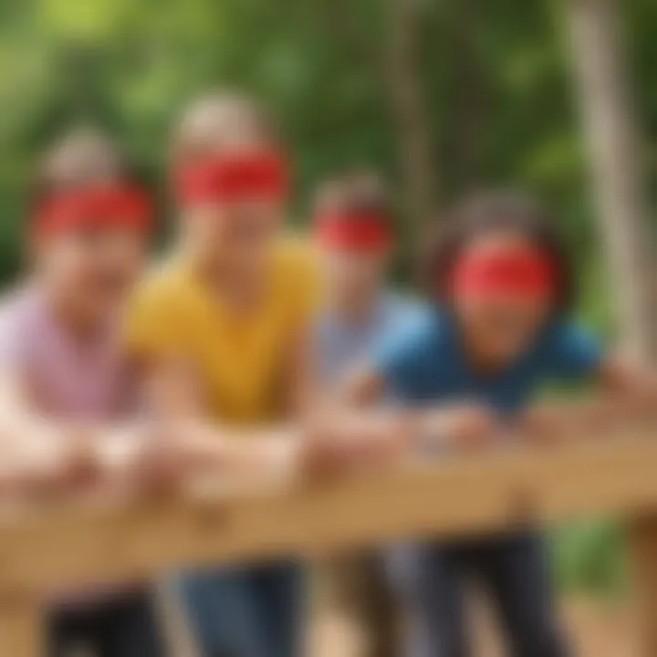 A group of children navigating a blindfolded obstacle course, demonstrating trust and teamwork.