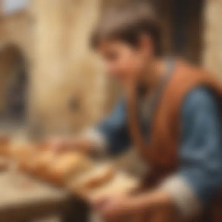 Illustration of a young boy sharing his bread with a hungry stranger