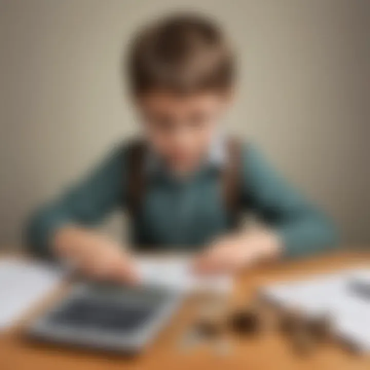 Illustration of a child making a budget with coins and a calculator