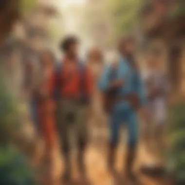 Diverse Characters in Narrative An illustration of a diverse group of characters embarking on an adventure