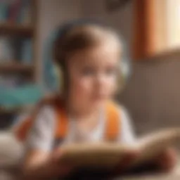 Illustration of a young child immersed in listening to an audio book