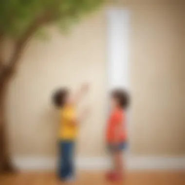 Child measuring height against a whimsical backdrop