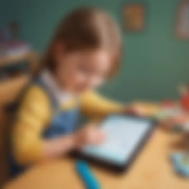 Illustration of a child using a spelling app on a tablet