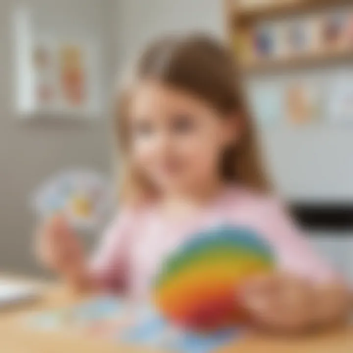 Artistic depiction of a child using picture cards in speech therapy session