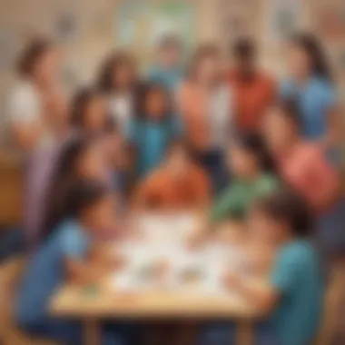 Collaborative Art Project for Inclusivity Artistic representation of children from various backgrounds working on a collaborative project