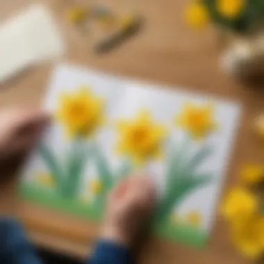 Creative Engagement in Daffodil Card Crafting Children engaged in crafting daffodil pop-up cards, focusing on creativity.