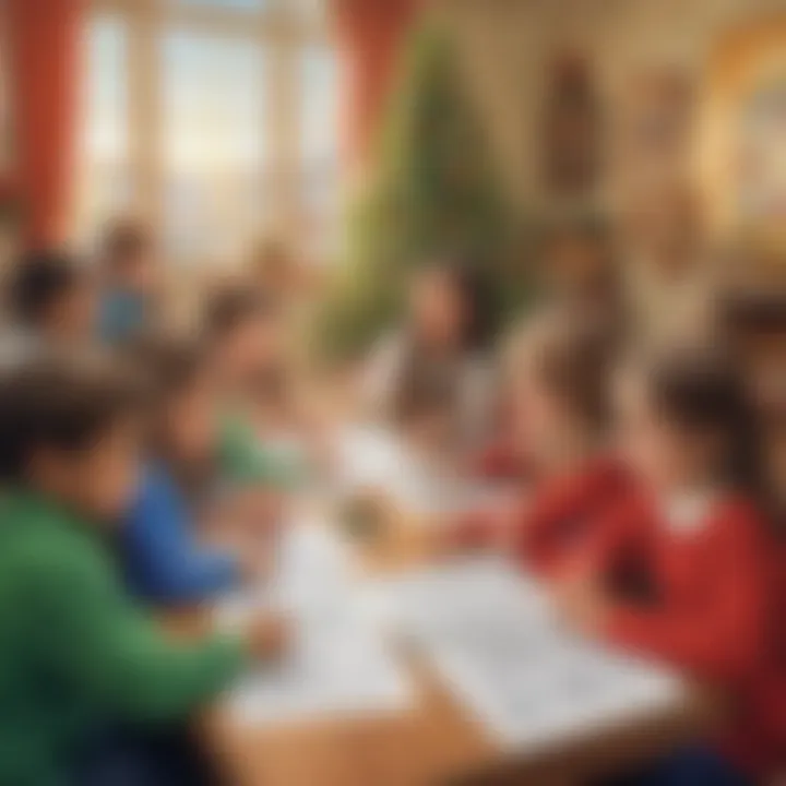 An educational setting where children participate in a Christmas coloring activity, promoting collaboration.