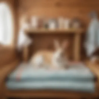 A cozy and safe grooming environment set up for a rabbit, complete with blankets and treats.