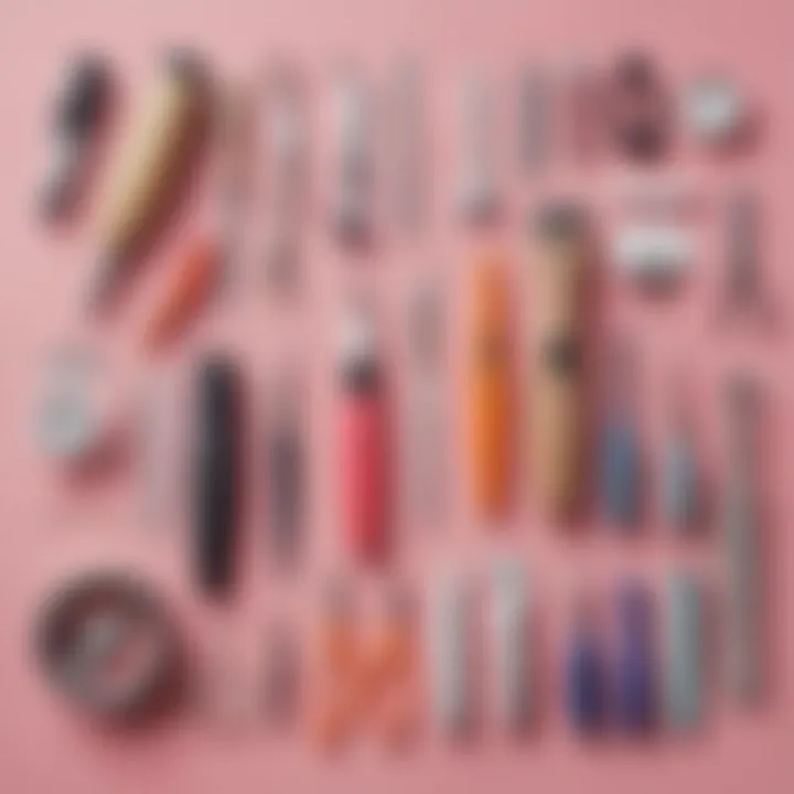 A selection of professional grooming tools arranged neatly, including nail clippers and a nail file.