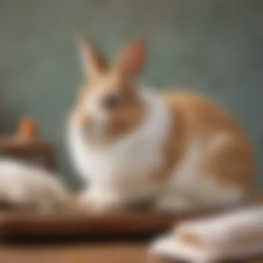 A serene bunny resting calmly on a grooming table, showcasing its fur and paws.