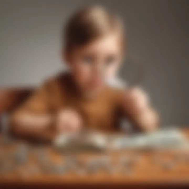 Illustration of a child holding a magnifying glass over coins