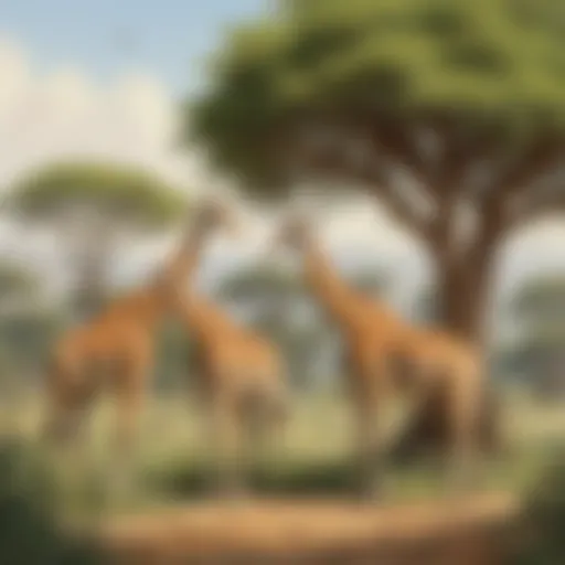 Giraffes grazing in harmony under the acacia trees