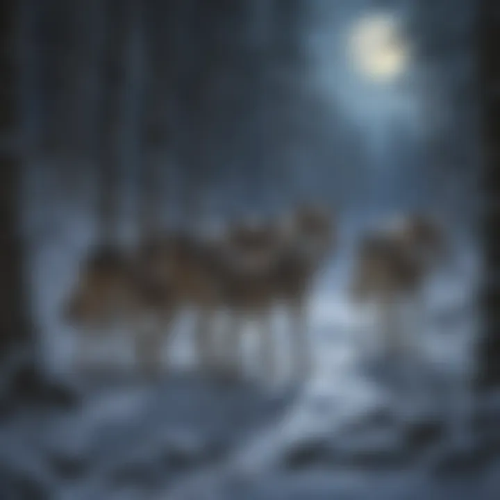 Pack of wolves coordinating a strategic hunt in the moonlit forest