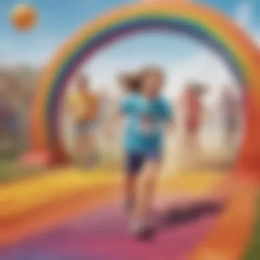 Children running through a rainbow-colored obstacle course