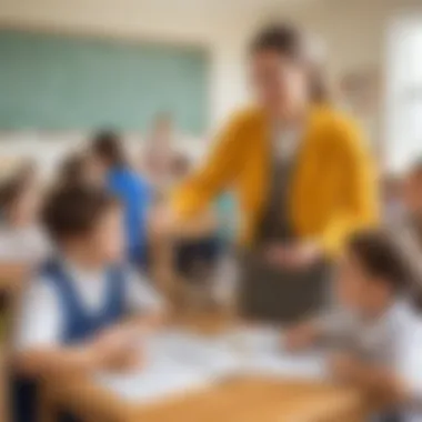 Teacher guiding a group of children in grammar exercises