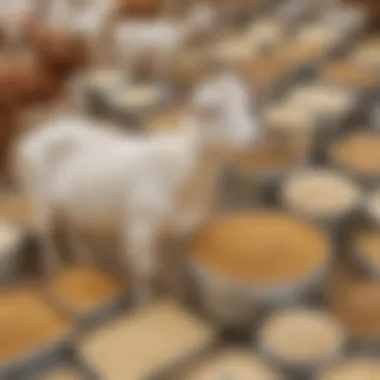 Balanced goat feed display with various concentrates.