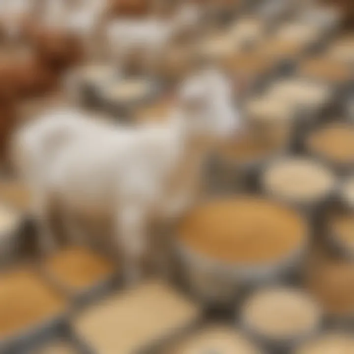 Balanced goat feed display with various concentrates.