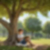 Illustration depicting a child engrossed in reading a book under a tree