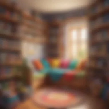 Illustration featuring a cozy reading nook with a variety of colorful books on shelves