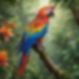 Vibrant macaw perched in a lush environment