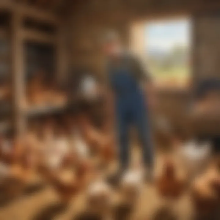 A farmer caring for chickens in a barn setting