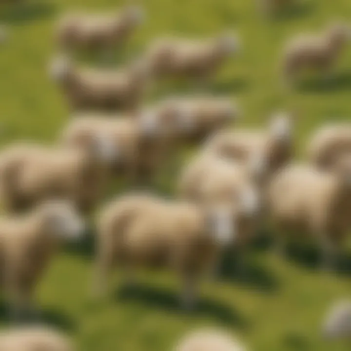 Sheep flock gathered in a green meadow