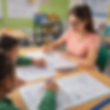 Teacher using addition worksheets in a classroom