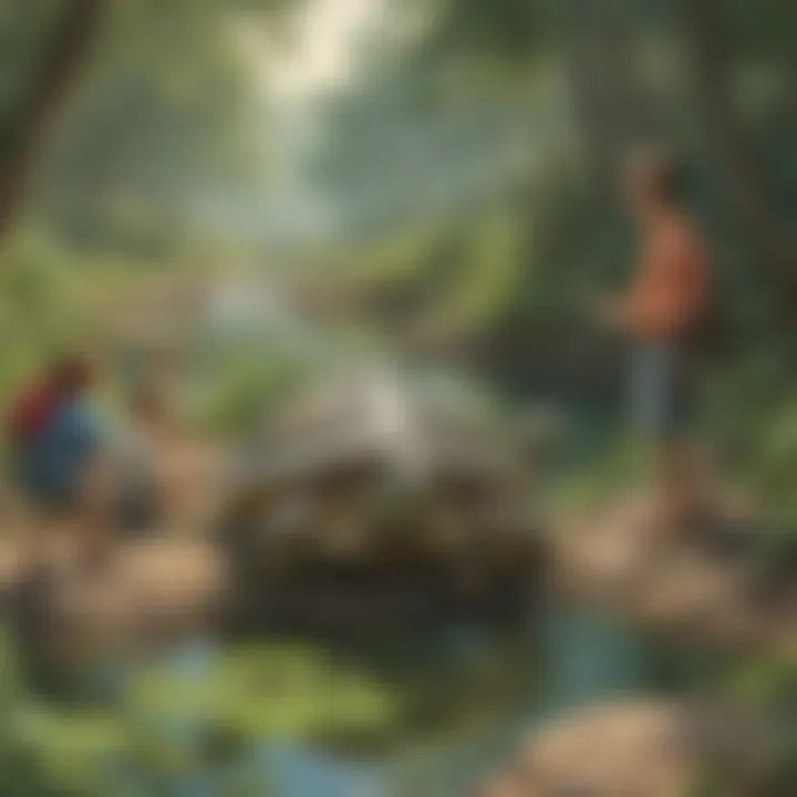 A group of children observing a turtle in its natural environment, enhancing their understanding of wildlife.