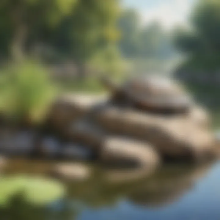 A turtle basking under sunlight on a rock beside a tranquil pond.