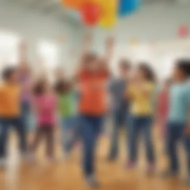Elementary students engaged in a cooperative balloon game