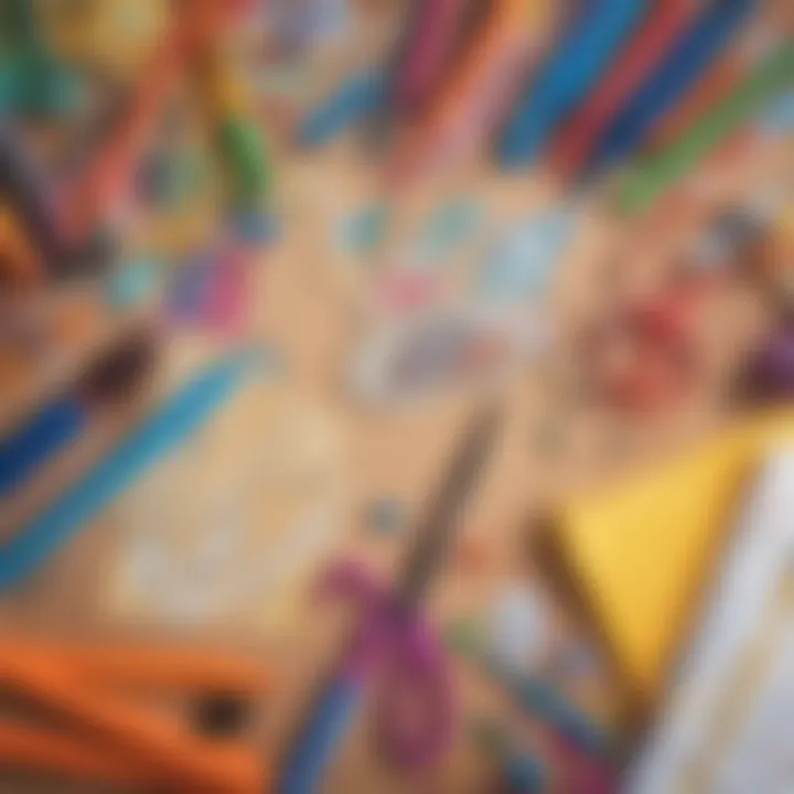A close-up of materials such as paper, markers, and scissors used for crafting