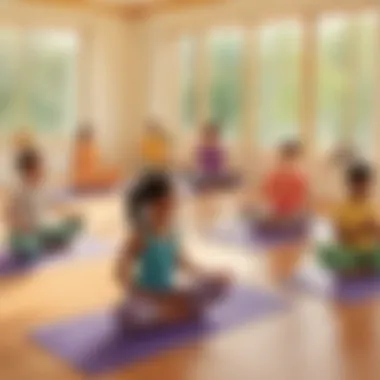 Peaceful Yoga Practice Session Elementary school kids practicing yoga poses in a serene setting