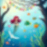 Whimsical underwater scene with mermaids and colorful fish