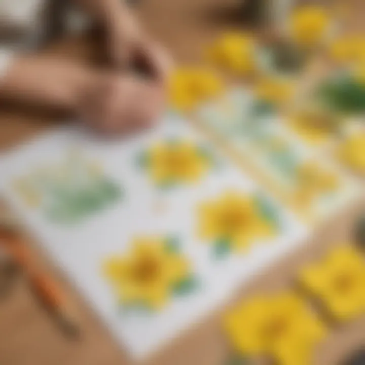 An array of crafting materials laid out for creating daffodil pop-up cards.