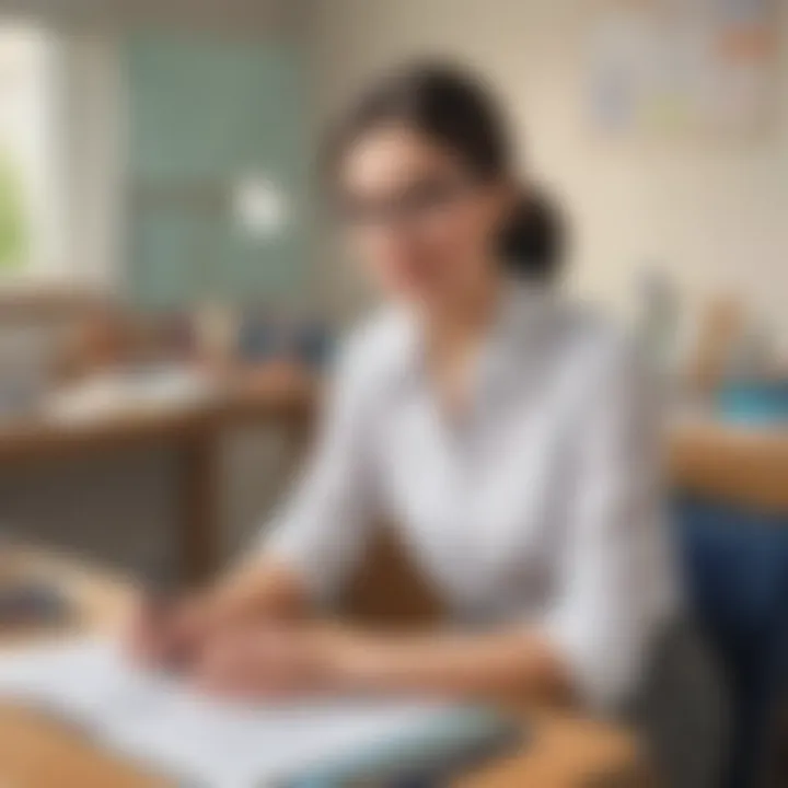 Illustration of a teacher preparing a professional portfolio