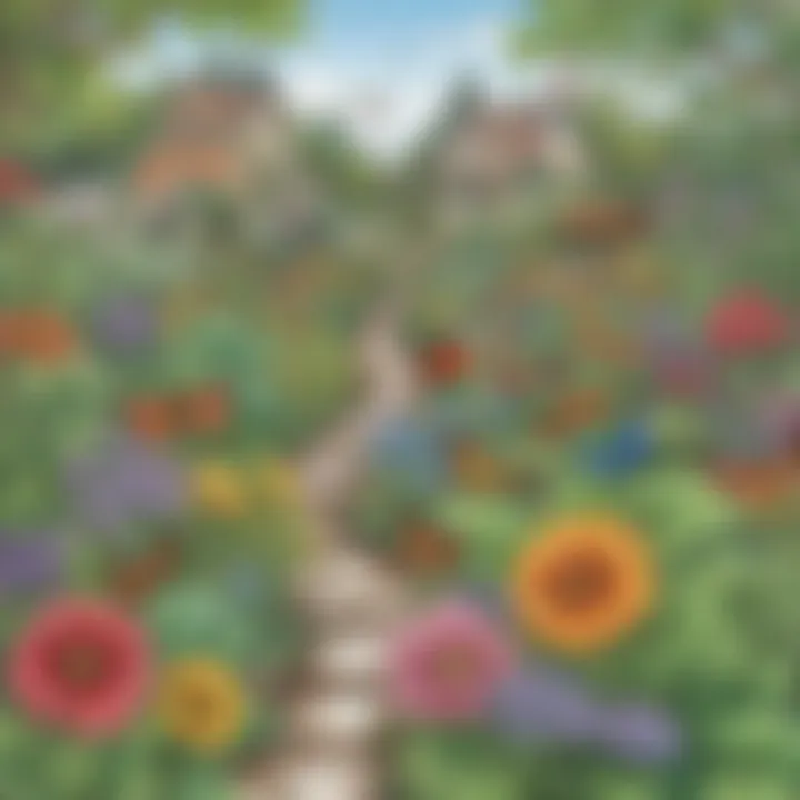 Educational coloring sheet illustrating a vibrant garden with various plants and insects