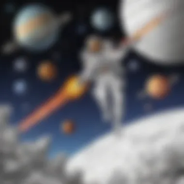 Interactive coloring sheet showcasing a space-themed adventure with planets and rockets