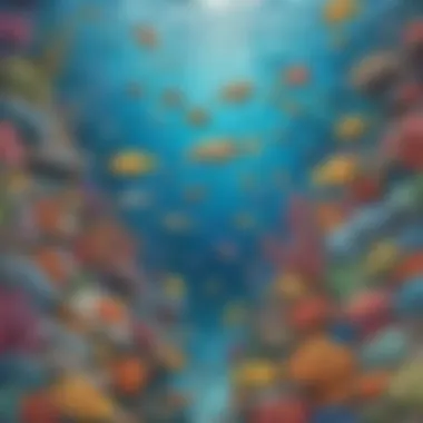Fun coloring sheet featuring a colorful underwater scene with various sea creatures