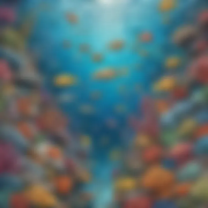 Fun coloring sheet featuring a colorful underwater scene with various sea creatures