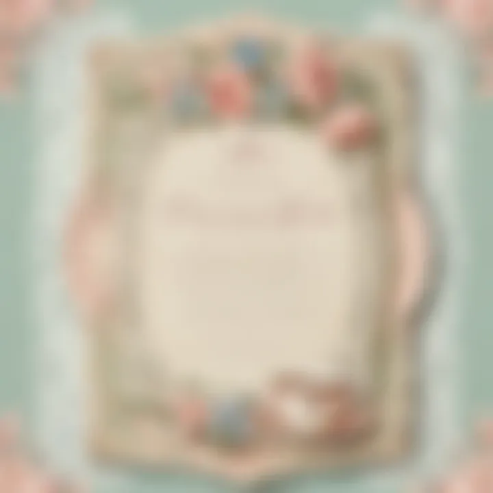 A charming tea party invitation with a vintage style, including lace borders and pastel colors.