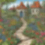 A vibrant and detailed coloring page featuring a whimsical garden scene.