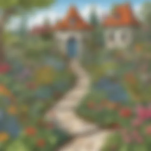A vibrant and detailed coloring page featuring a whimsical garden scene.