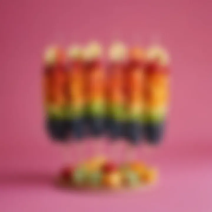 Vibrant rainbow fruit skewers on a decorative stand